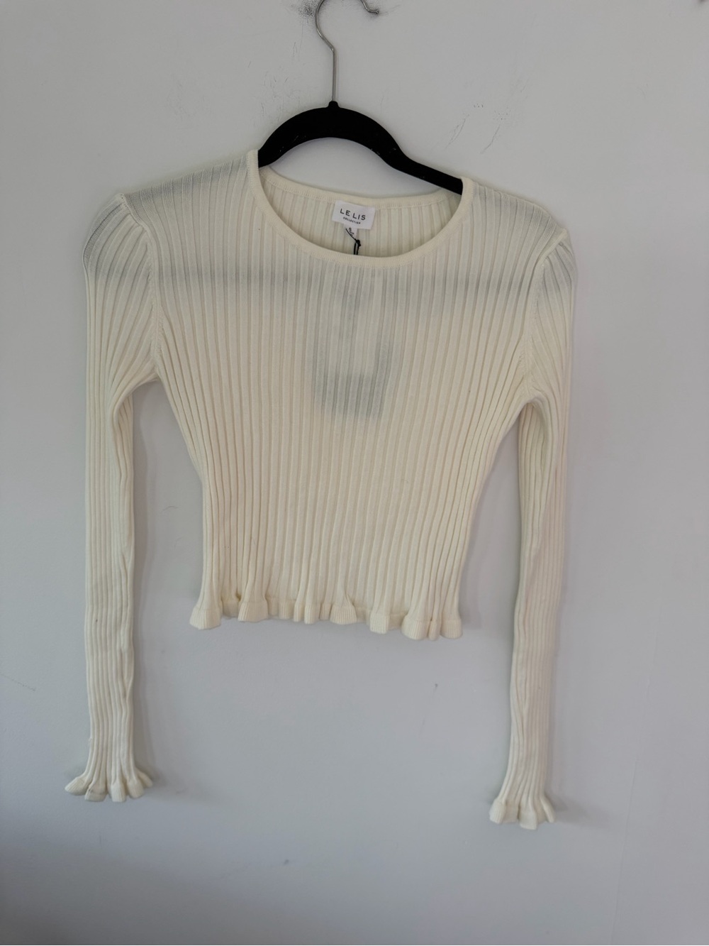 Le Lis Cream Ribbed Long-Sleeve Top with Ruffle Edges